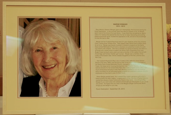 Plaque which will hang inside, describing Margie Edinger's life